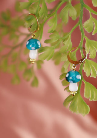 Glossy Glass Mushroom Earrings Blue/Gold