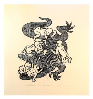 Babysitter linoleum print by Emma Ekstam