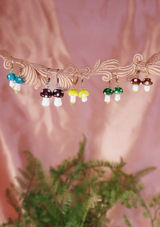 Glossy Glass Mushroom Earrings Green/Gold