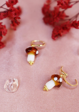 Glossy Glass Mushroom Earrings Brown/Gold