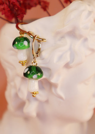 Glossy Glass Mushroom Earrings Green/Gold