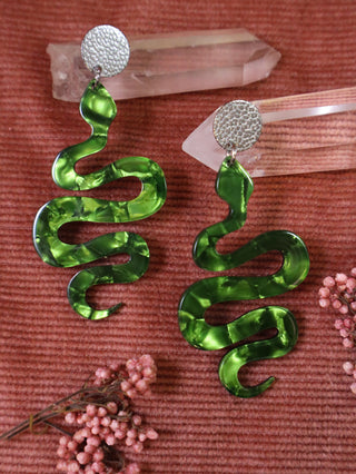Silver emerald snake earrings