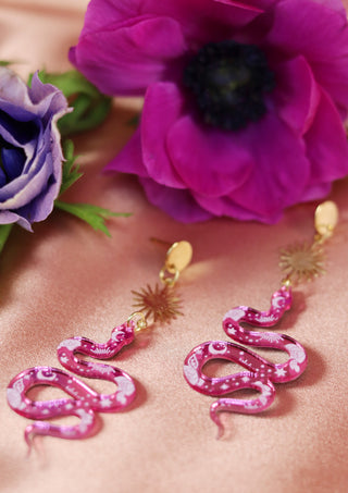 Pink Space Snakes Gold Earrings