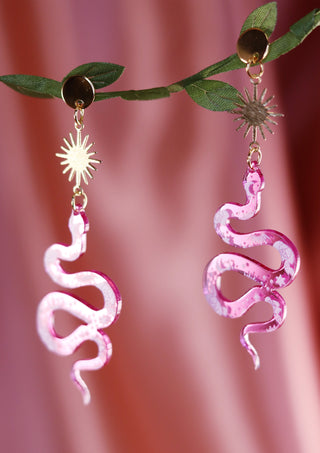 Pink Space Snakes Gold Earrings