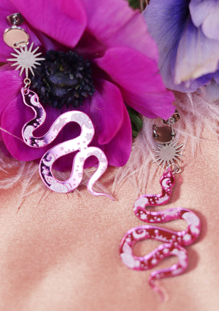 Pink Space Snakes Silver Earrings