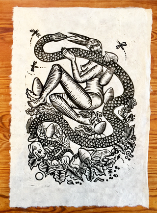 Snake Kisses linoleum print by Emma Ekstam