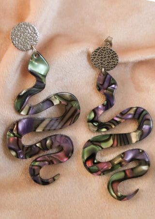 Silver abalone snake earrings