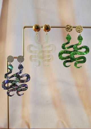 Silver abalone snake earrings